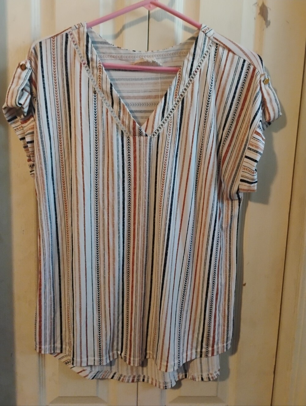 Flower & Feather Striped V-Neck Short Sleeve Blouse Top M